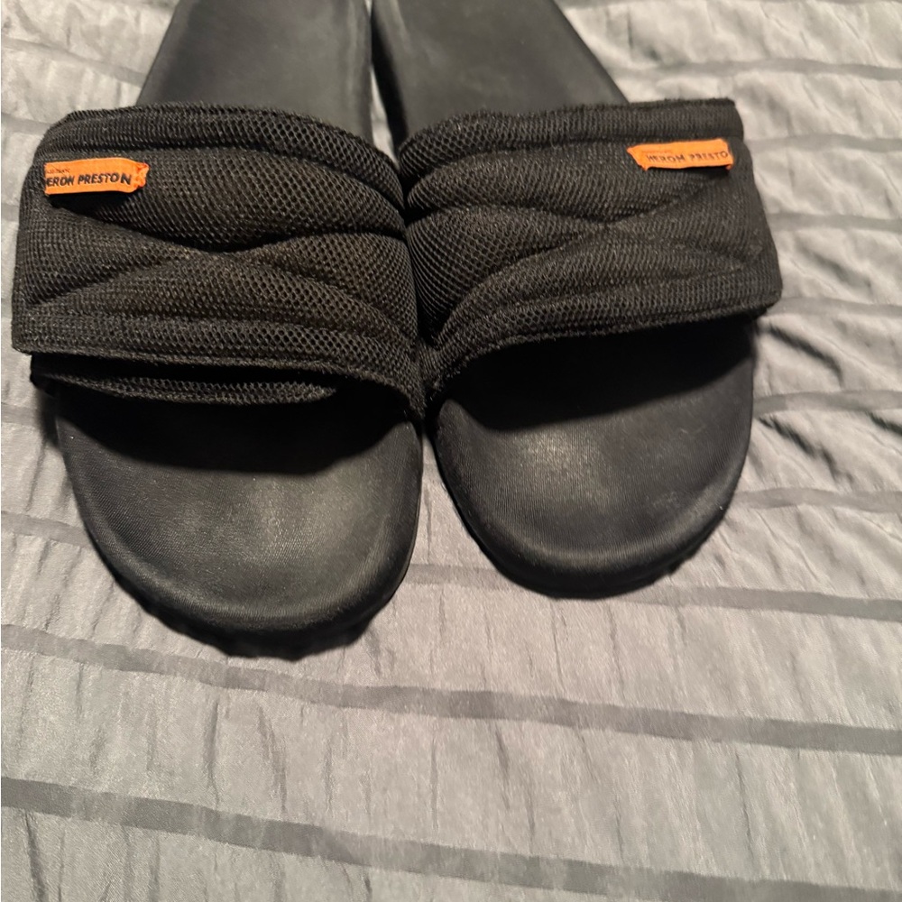 Heron Preston Black Slides with Orange Label
